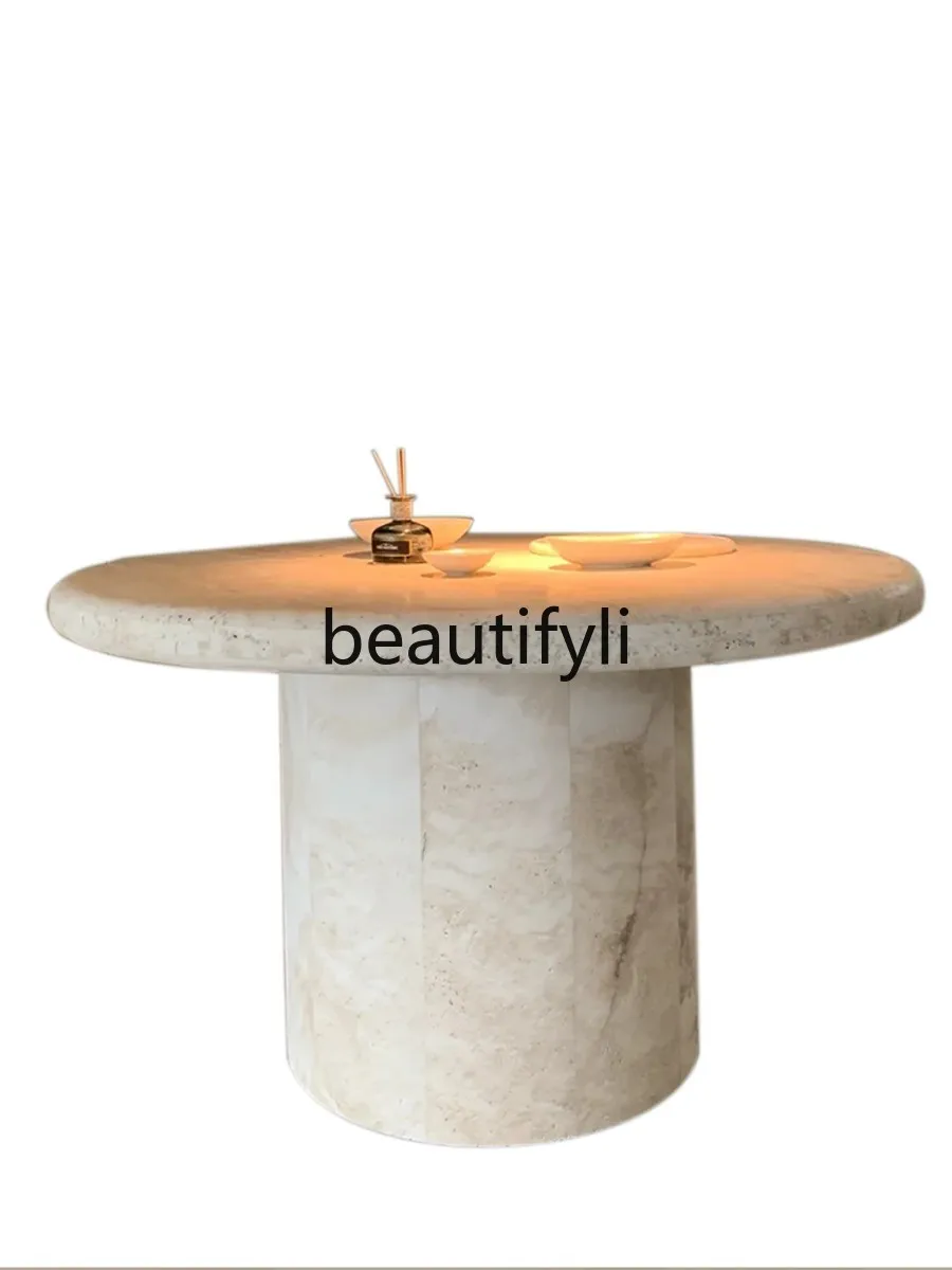 

Natural travertine round dining table, ancient French custom ultra-white stone Italian high-end sense