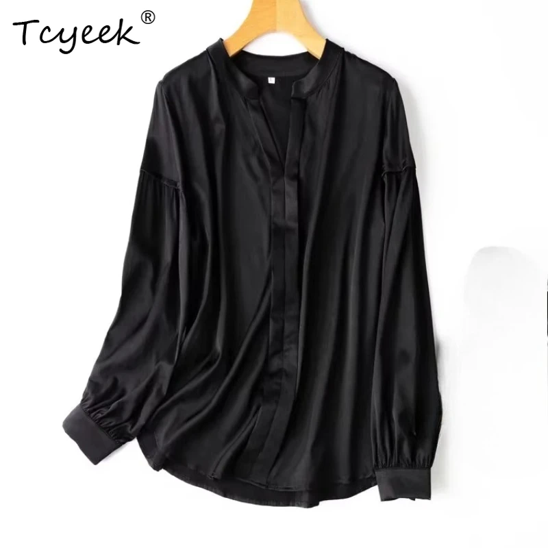 Tcyeek Real Silk Women Shirt Women's Elegant Shirts 24MM 93% Mulberry Silk Shirt Spring Summer Long Sleeve Top Chemise Femme