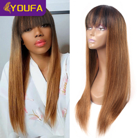 YOUFA #30 Blonde Ombre Human Hair Wigs With Bangs 2 Tone 1B/30 Dirty Blonde Straight Fringe Human Hair Wig 16-22 Machine Wigs
