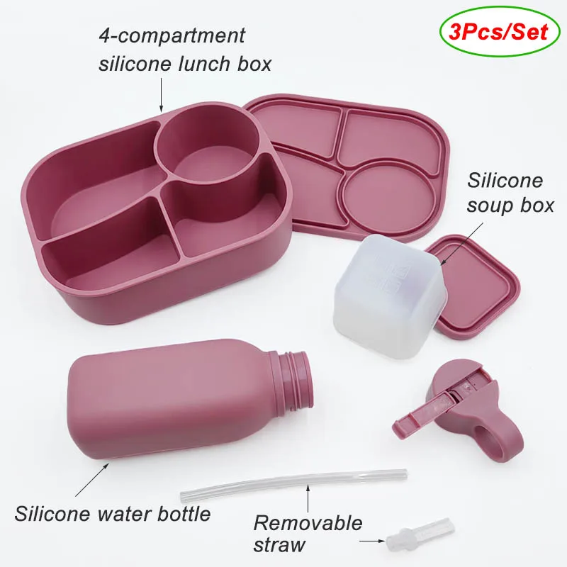 Personalized Name Silicone Lunch Bento Box Straw Water Bottle Sets Camping Picnic Food Drinkware Container Sippy Bottle For Kids