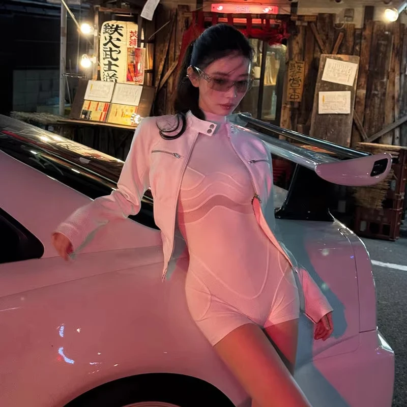 Cold Hearted High Street Motorcycle Hot Girl Tight Fitting Half High Neck Sleeveless Jumpsuit Sexy See Through Jumpsuit Rompers