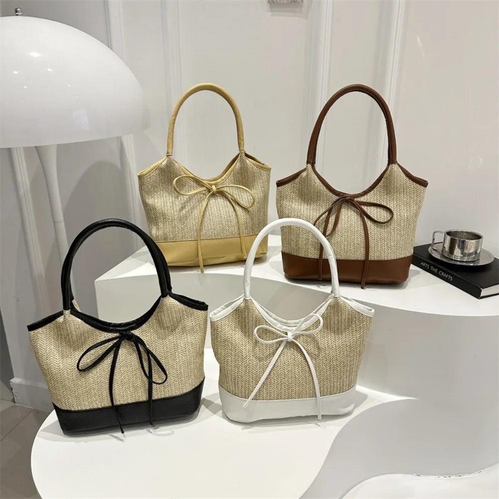 

Fashion Bow Tie Weaving Tote Bag Large Capacity Casual Straw Shoulder Bag Elegant Commuting Women's Handbag Beach