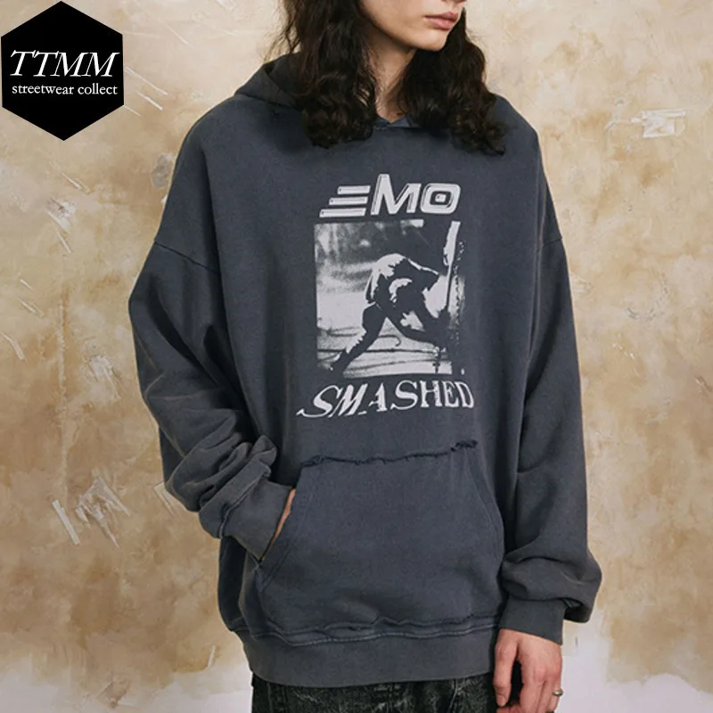 Solid Color All-in-one Hooded Top Men 2025 Spring Autumn New Male Washed Wool All-in-one Plush Thick Loose Hoodie Graphic Print