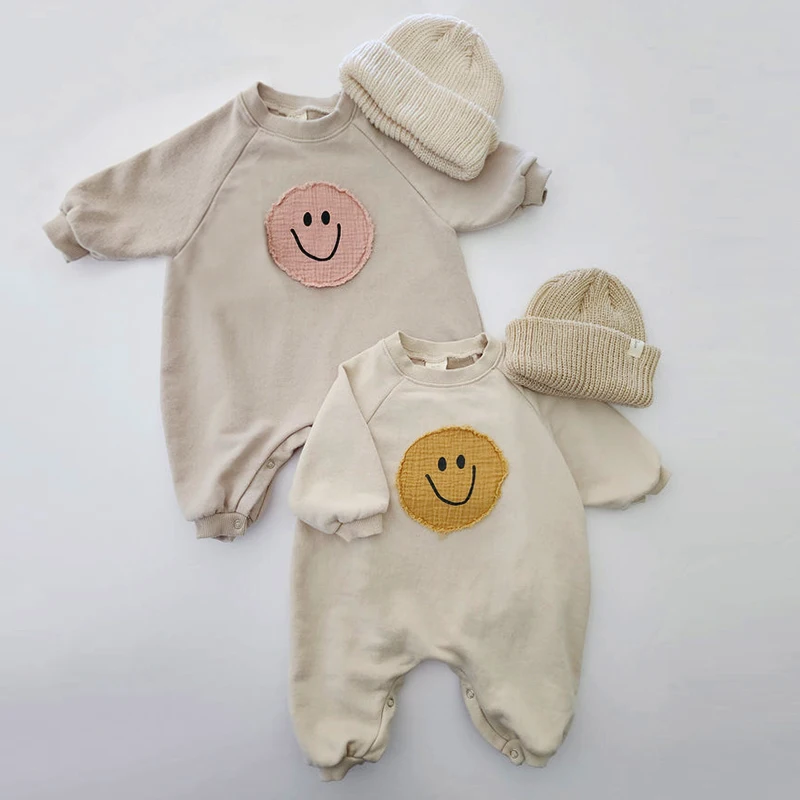 INS Spring Baby Bodysuit Girl Smiley Face Sweatshirt Terry Cotton Romper Newborn Baby Boys Clothes Long Sleeve Infant Jumpsuits