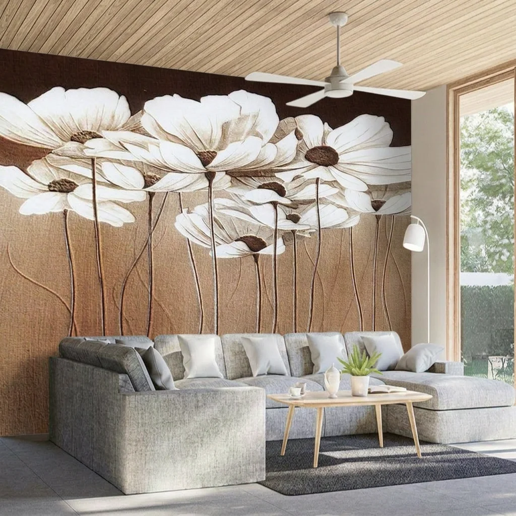 Self-adhesive material featuring abstract flowers, perfect as an artistic accent for bedroom headboard background wall.