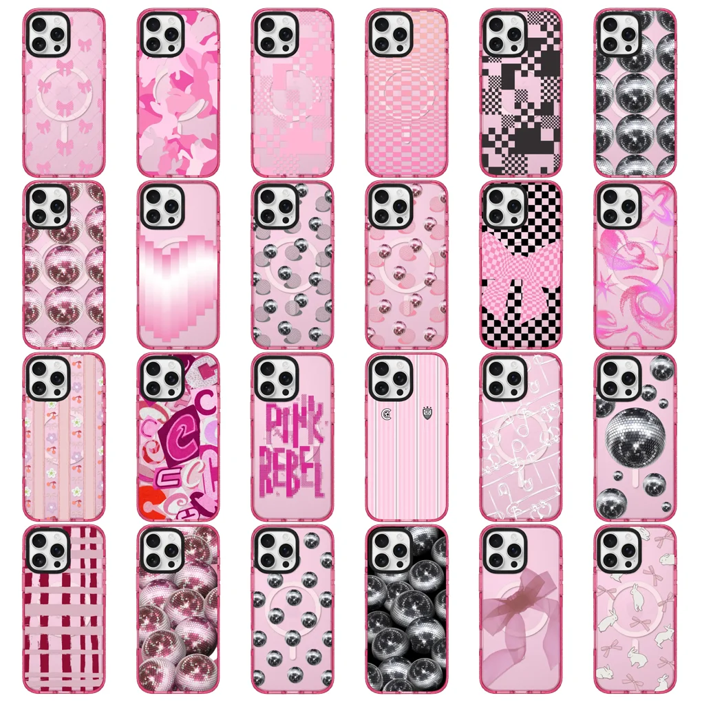 

Bowknot Pink Star Glitter Transparent Border Magnetic Phone Case Cover for IPhone 16 15 14 Pro Max Case