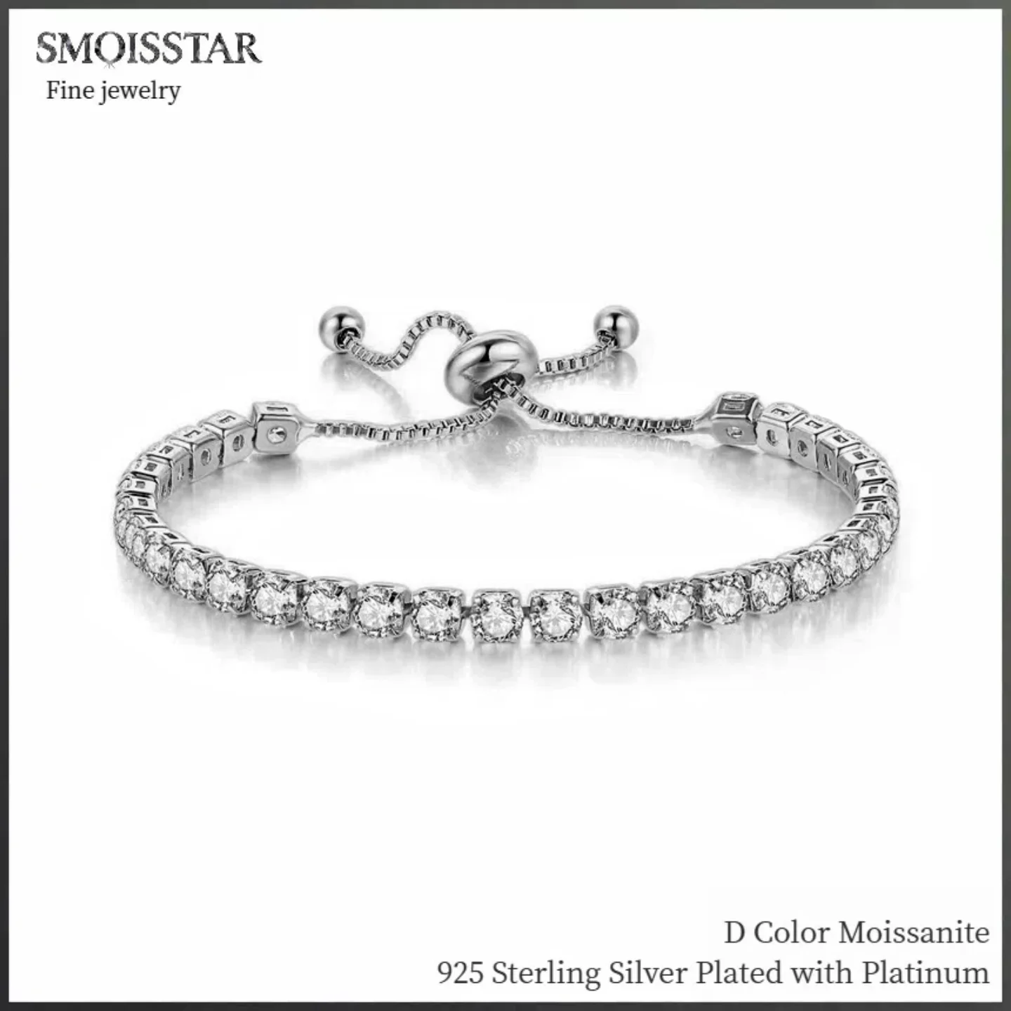 

S925 Moissanite Bracelet Tennis Bracelets for Women White Gold Plated Classic Adjustable Slider Bracelet Wedding Fine Jewelry