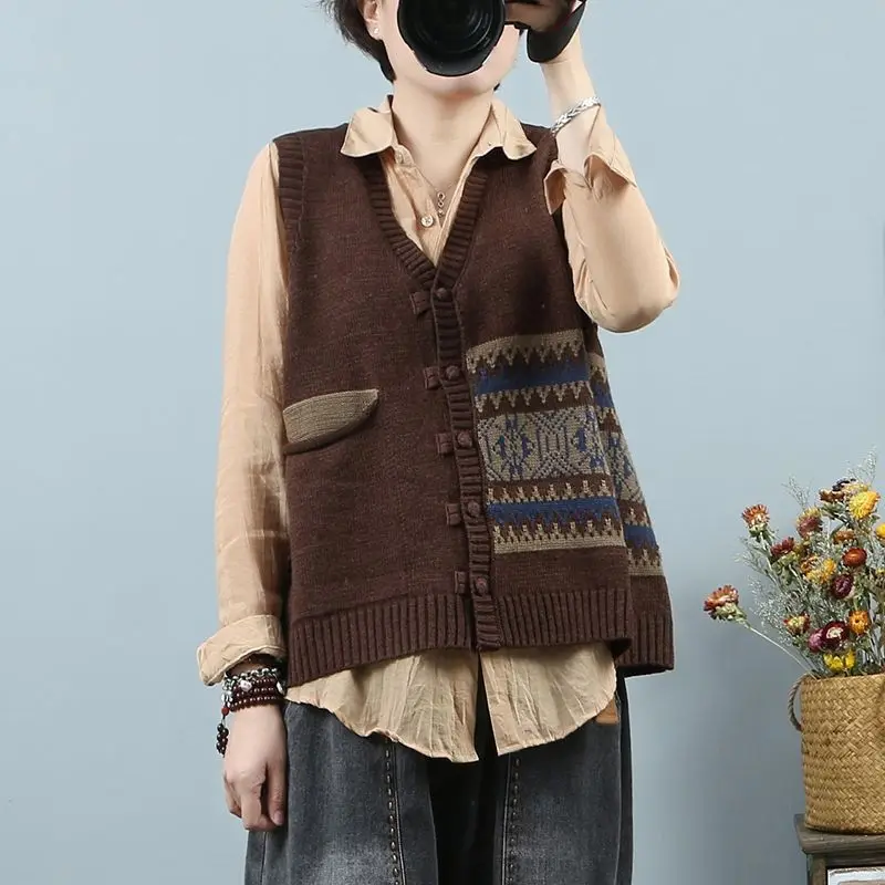 Sweater Vest Women Patchwork Folk Style Simple Retro Fashion Loose All-match Elegant Ins Cozy Pockets Casual Ulzzang New Daily