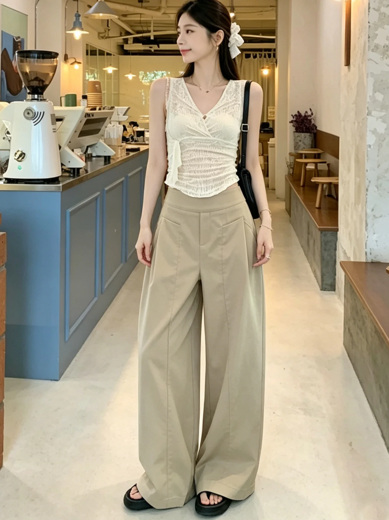 

High Waist Drapey Loose Fit Khaki Wide Leg Pants Women's Straight Cut Floor Length Trousers Fashion Commuter Style Casual Pants
