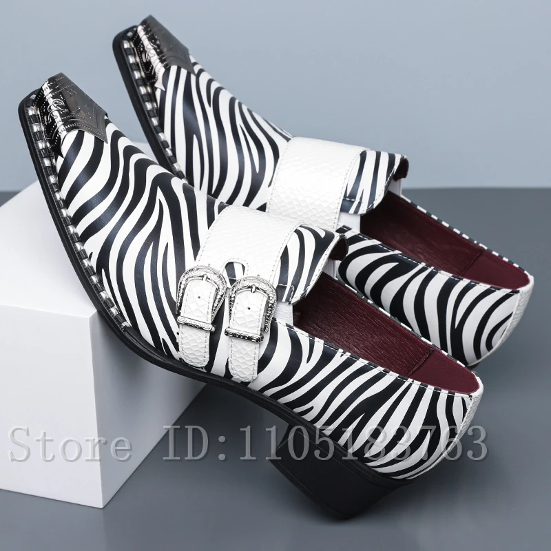 Men Zebra Striped Print Pointed Toe Dress Shoes Double Buckle Metal Tip Banquet Wedding Nightclub Party Fashion Loafers