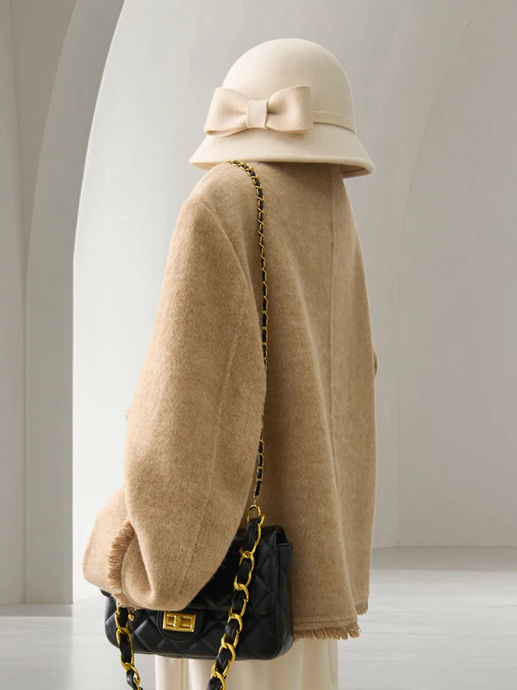 معطف صوف نسائي فضفاض مناسب مزدوج الوجه مع حافة خام وأكمام فانوس بيج بأزرار ملابس خارجية شتوية دافئة للأناقة غير الرسمية #2