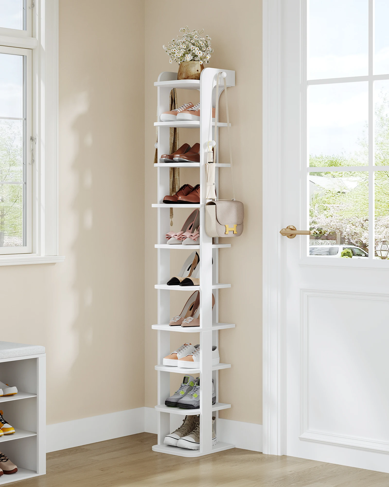 Étagère à chaussures, étagère à chaussures mince à 10 niveaux, organisateur de chaussures en bois avec crochets, réglable, peu encombrant, adapté à l'entrée