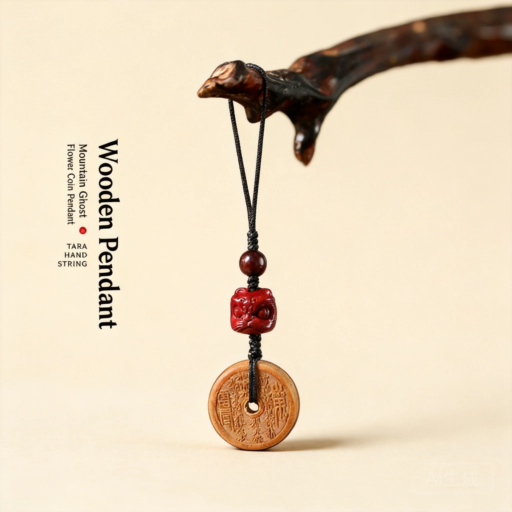 Chinese Traditional Lucky Carved Black Persimmon Wood Agarwood Mountain Ghost Coin Pendant Phone Chain Amulet Blessing Fortune