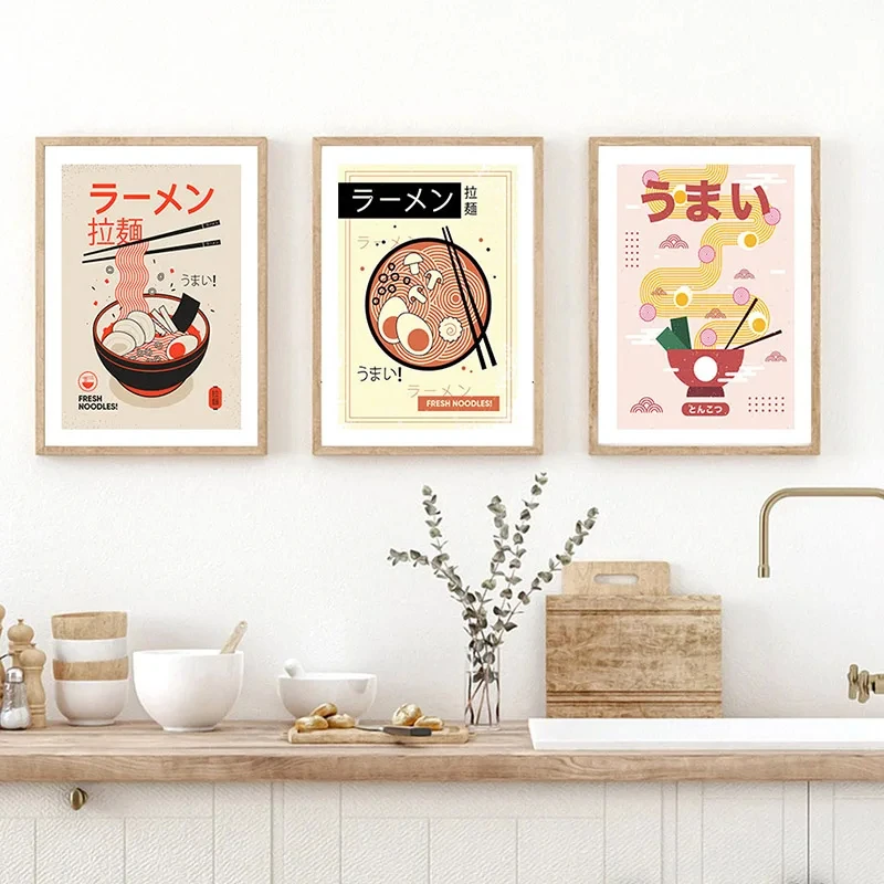 Japanese Food Poster Funny Ramen Noodles Sushi Kitchen Wall Art Print Canvas Painting Pictures for Restaurant Home Decor Cuadros