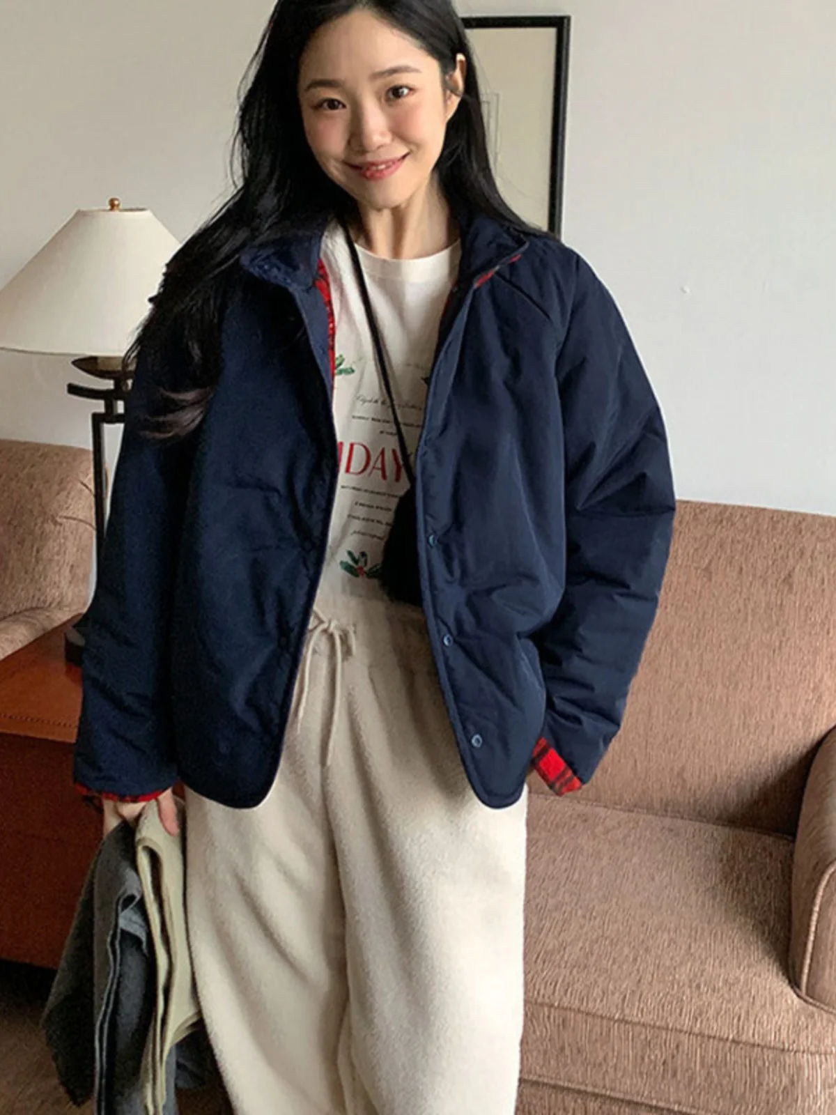 Thickened Plaid Cotton Jacket Women's Winter Korean Style Double-Sided Wear Bread Style Short Coat Long Sleeve Loose Fit