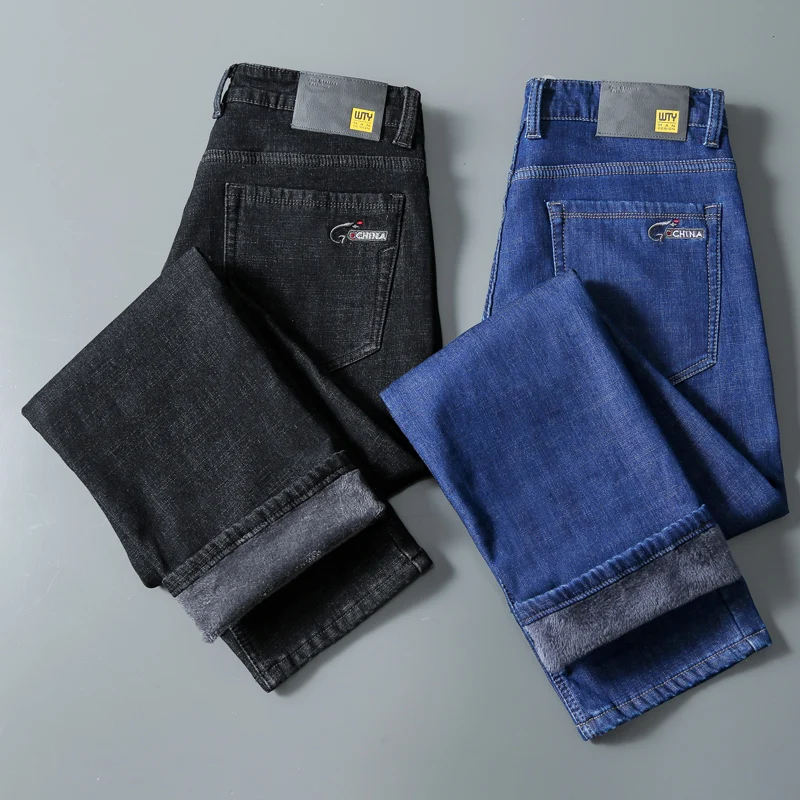 2022 Winter New Men's Warm Thick Casual Jeans Business Fashion Black Blue Stretch Fleece Office Slim Trousers Male Brand