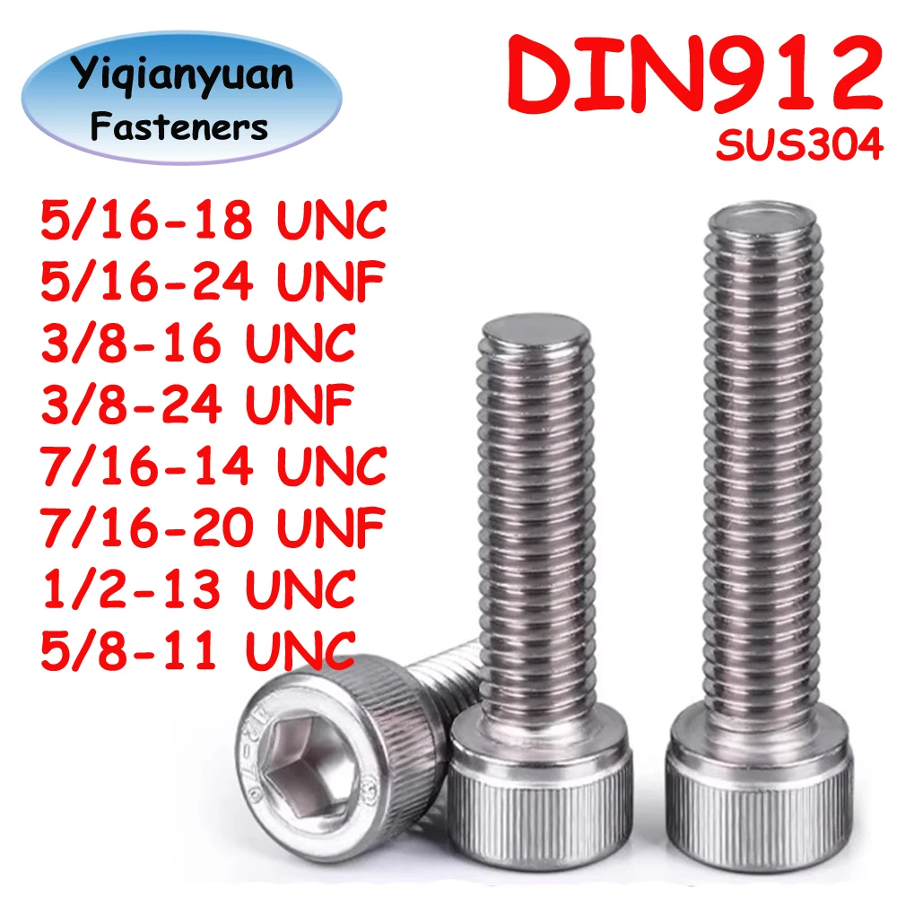 Yiqianyuan 5/16 3/8 7/16 1/2 5/8 UNC UNF DIN912 SUS304 A2 Stainless Steel Hex Socket Knurled Cap Head Bolts Allen Key Screws