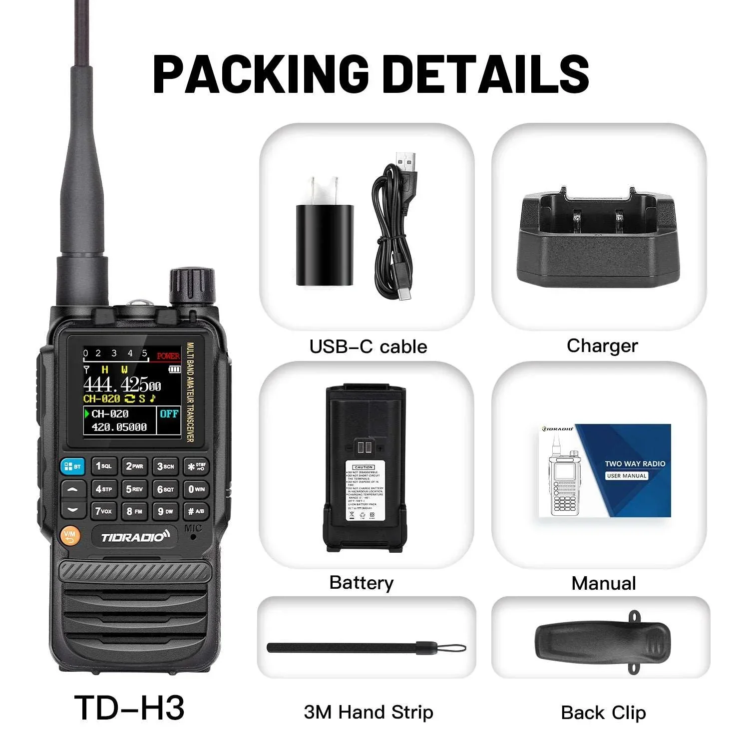 TIDRADIO H3 Walkie Talkie Aplikacja na telefon Programowanie bezprzewodowe Podwójna opaska powietrzna PTT Radio dalekiego zasięgu Kabel USB typu C