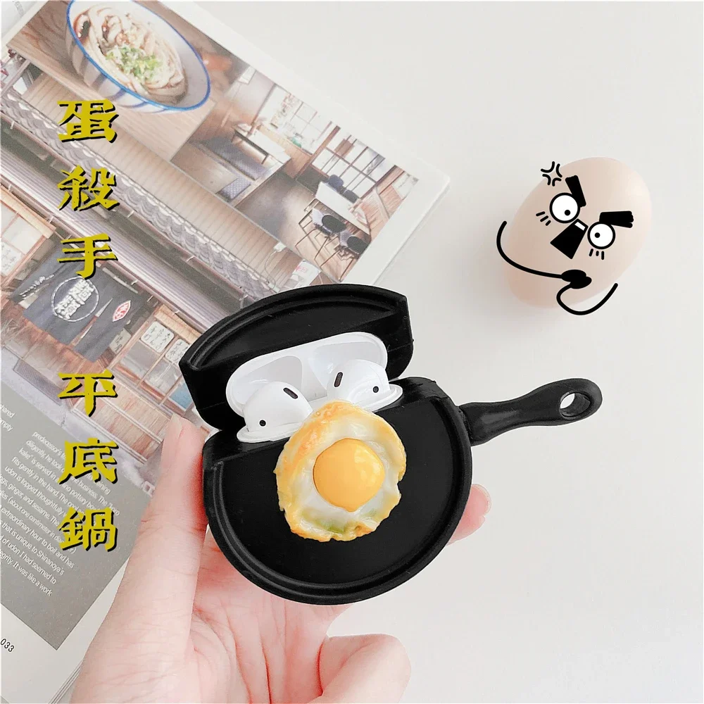 NEW 3D cute cartoon Fry eggs in a pan Earphone Case for AirPods 4 Pro 2 Charging Box Protective Cover with Hooks Strap KeyChain