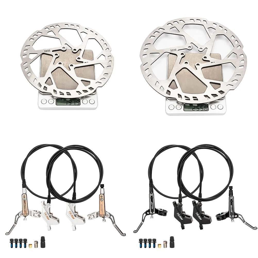 

MTB E-bike 4 Piston Hydraulic Disc Brake Team Series Full Meatal Pad Mineral Oil MTB Front & Rear Set 2.3mm Rotors