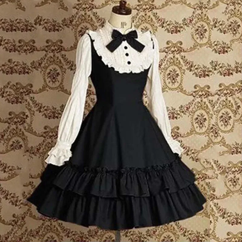 Sweet girls vintage slim cotton dress Lolita classic Mary magedene women bow tie ruffle layer Princess mini dress for ladies