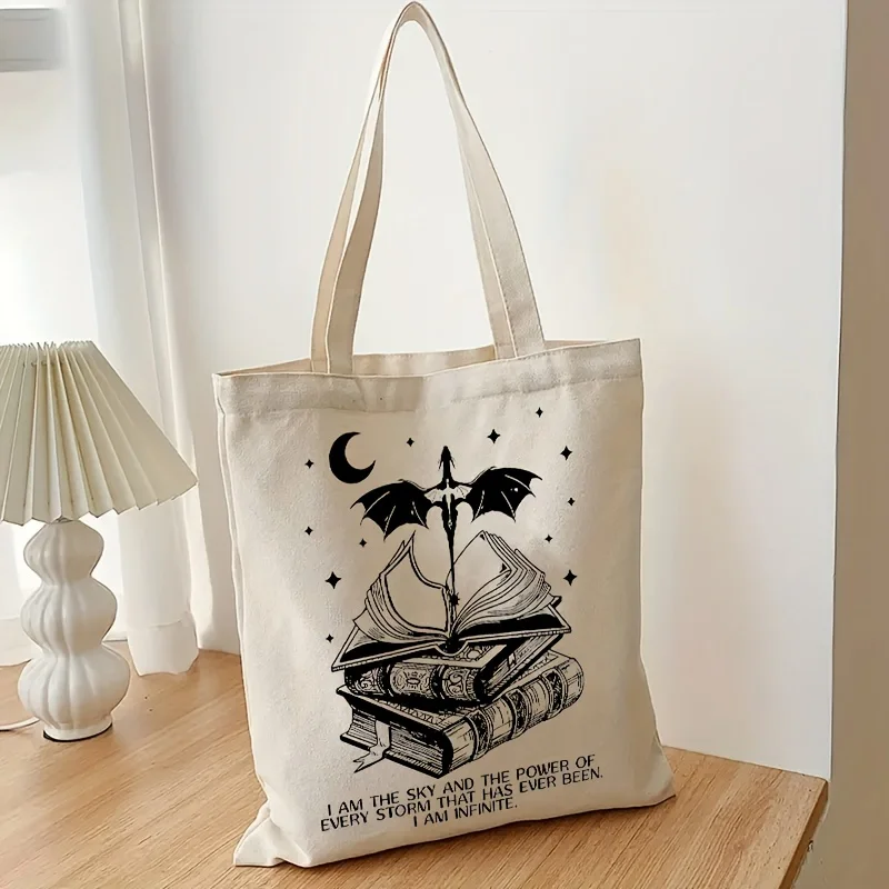 Vintage Basgiath War Tote Bag, I Am The Sky Shoulder Bag, Dragon Rider Pattern Canvas Shopping Bag