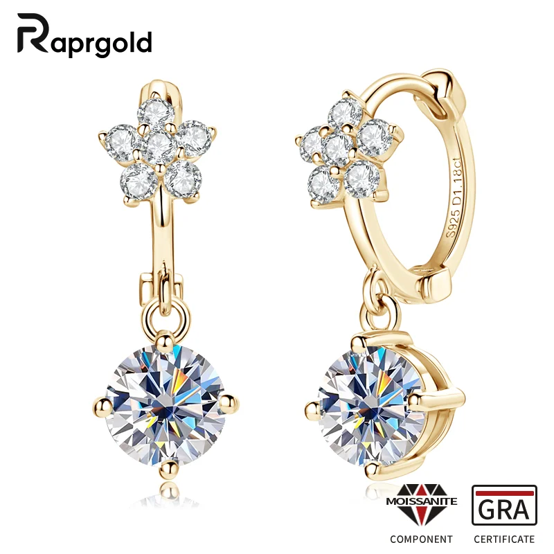 

RAPRGOLD GRA Certified All Moissanite Hoop Earrings for Women 925 Sterling Silver Flower Wedding Pendientes Fine Jewelry Gifts