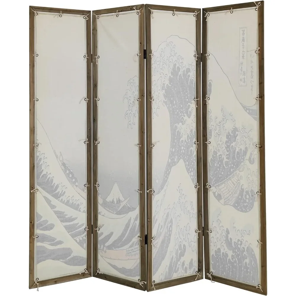 Room Partition 4 Folding Screen Separator Panel Folding Room Partition Single Sided Ukiyo-e Painting Wooden Screen Divider Home