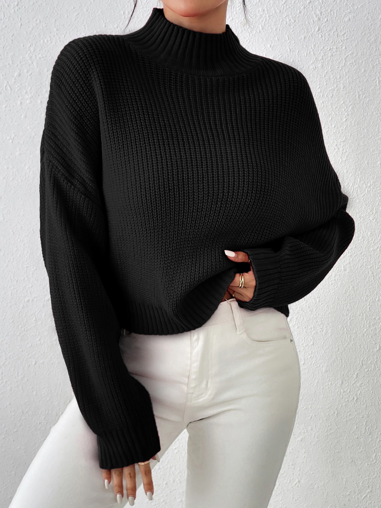 Women\'s Ribbed Knitted Sweater, Mock Neck Long Sleeve Pullover, Solid Color High Neck Drop Shoulder Jumper