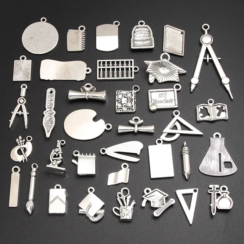 30pcs Random Mix Silver Color Book Bachelor Cup Pen Charms Paint Board Pendant Making School Supplies Jewelry Accessories