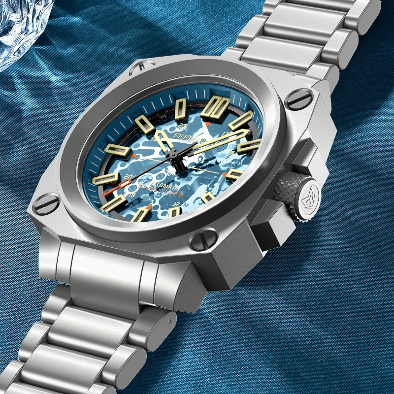 FeelNever Mechanical Man Watch Luxury Casual Stainless Steel Band Skeleton 100M Waterproof Luminous Automatic Watches Male Reloj view 3
