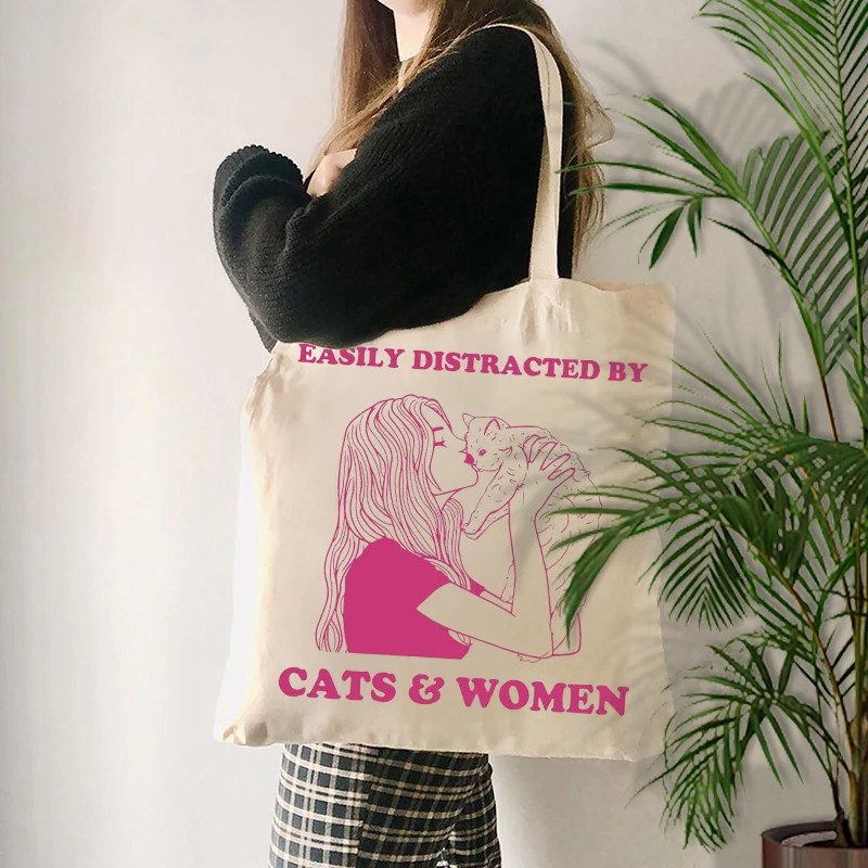 Easily Distracted By Cats pattern Tote Bag Canvas Shoulder Bag For Travel Daily Commute Women's Reusable Shopping Bag