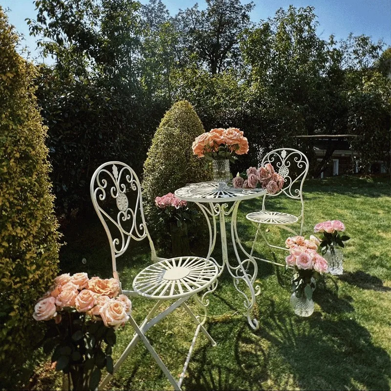 French Vintage Iron Table and Chairs Hollow-out Cafe Garden Chairs Rustic Metal Backrest Seat for Courtyard Ins Patio Furniture image 2