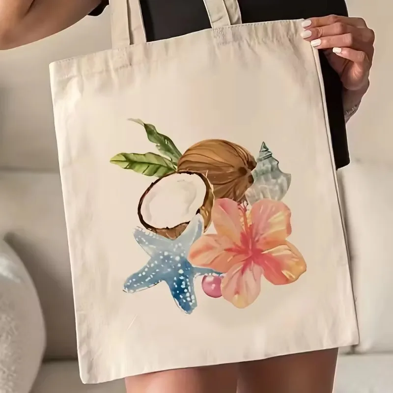 Watercolor Tropical Coconut Hibiscus Starfish Canvas Bag Ocean Beach Shell Print Reusable Shoulder Bag Summer Vacation Handbag