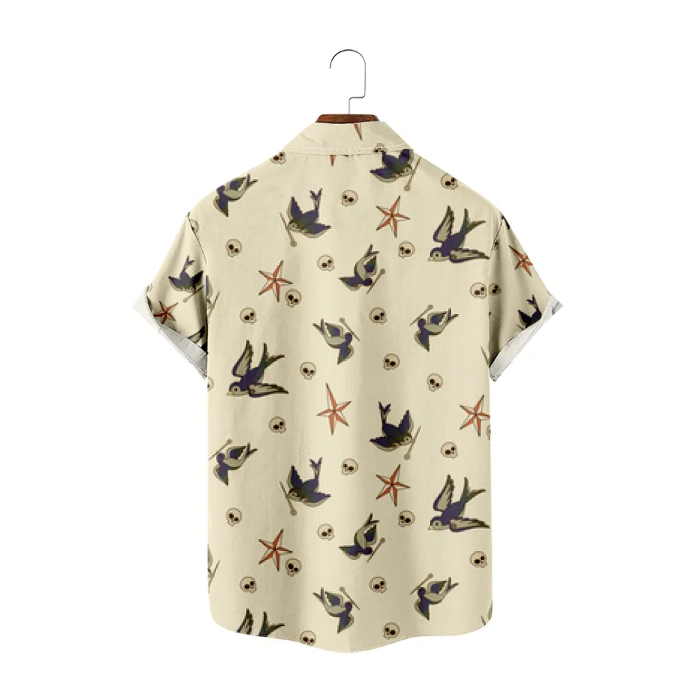 Swallow Bird Skull Print Shirt Fashion Oversized Holiday Hawaiian Leisure Beach Shirt Men's Pocket Top Shirt