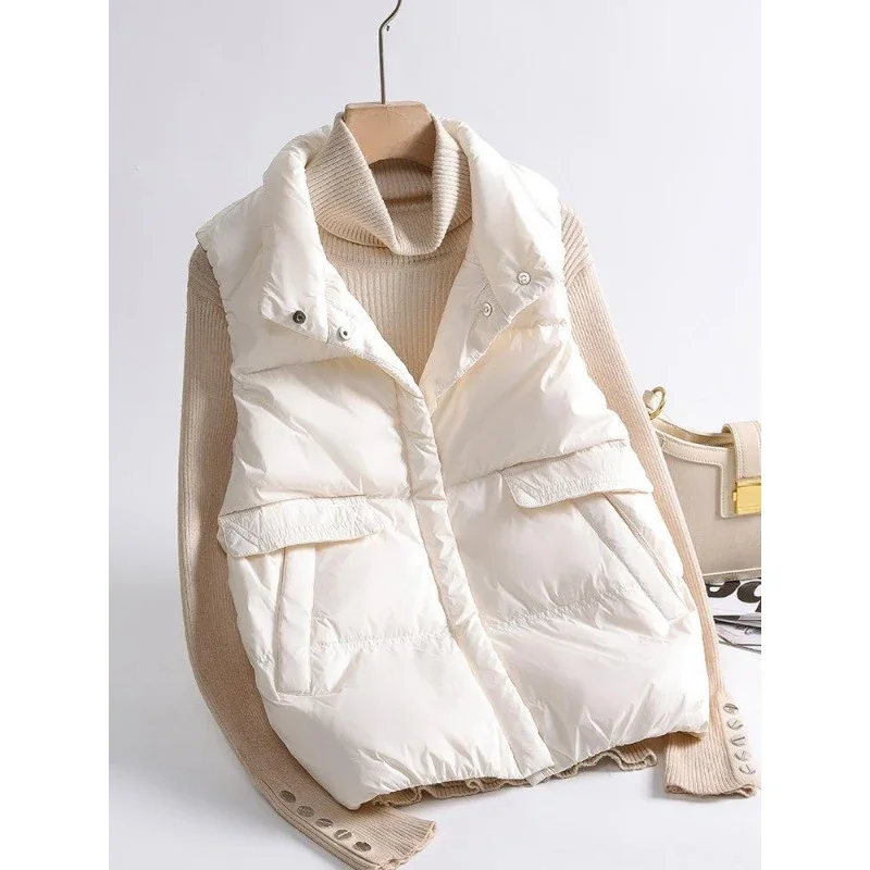 2024 Autumn Winter Ultra Light Thin Duck Down Jacket Women Quilted Short Warm Basic Vest Casual Pocket Waistcoat Female Coat