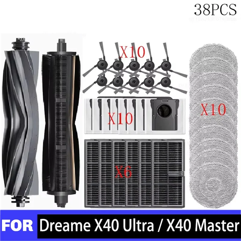 

Запасные части для робота-пылесоса Dreame X40 Ultra / X40 Pro: основная и боковые щетки, насадка для влажной уборки, мешок для пыли, фильтр.