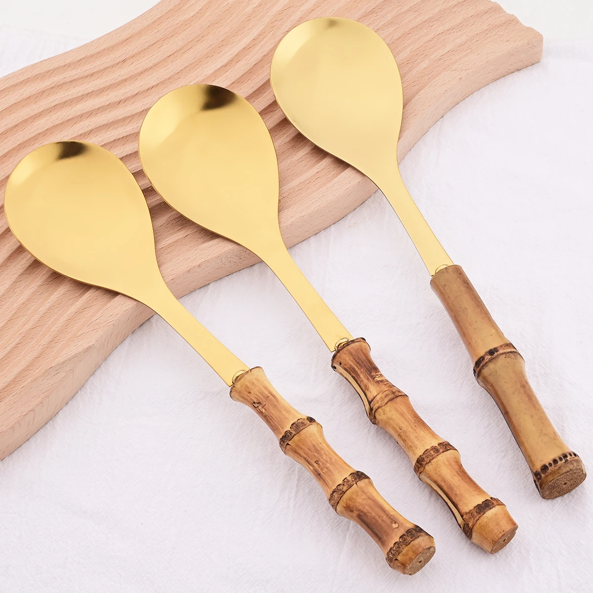 6Pcs Gold Serving Fork Spoon Cutlery Set Wood Bamboo Handle Flatware Stainless Steel Dinnerware Salad Fork Spoon Party Tableware