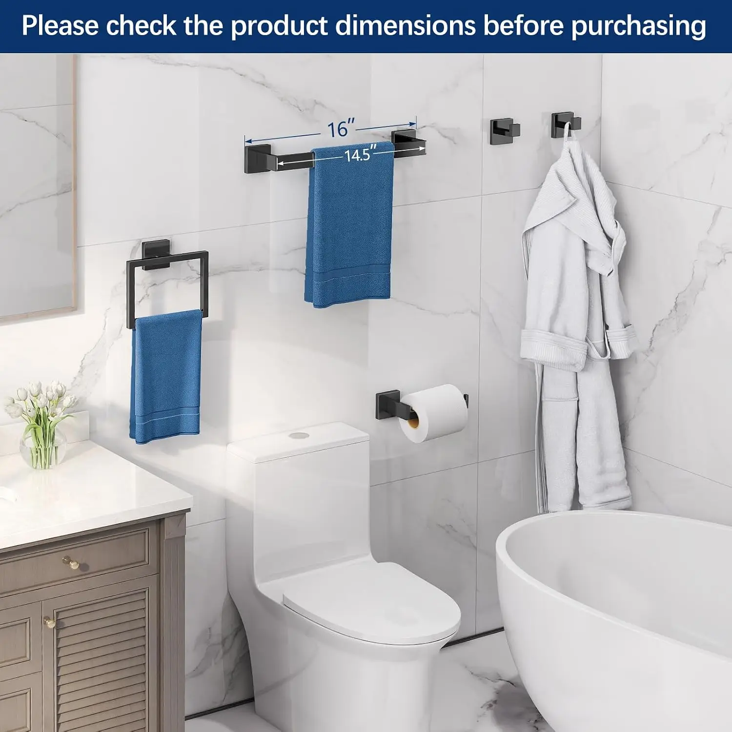 Bathroom Hardware Accessories Set, 5-Piece 16In Black Wall Mounted | Towel Racks for Bathroom Stainless Steel Towel Bar Rack Set