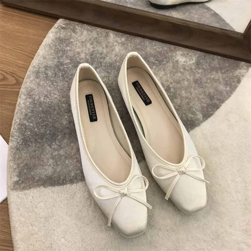 Luxury Lace Tie Leg Silk Ballet Flats Woman Square Toe Bowknot Ballerinas Ladies Wedding Mary Janes Shoes Woman Shoes