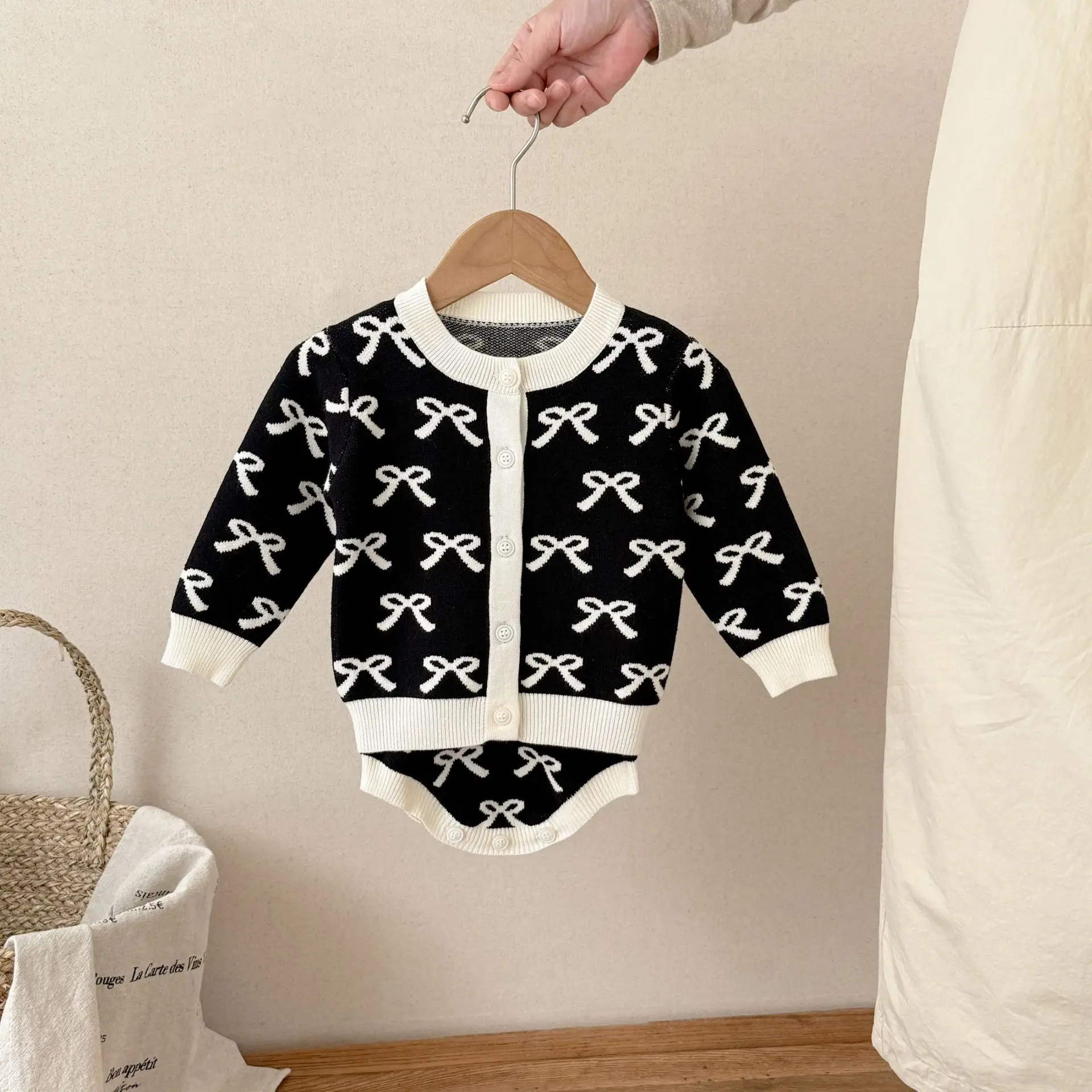Babykleidung Set mit Schleife, Strick-Strampler + Pullover, 2-teiliges Cardigan-Set für Neugeborene Mädchen 0-3 Jahre, Fotoshooting-Outfit