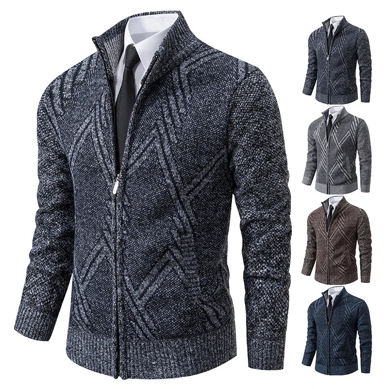 Winter Autumn Zip Knit Cardigan Men's Sweater Turtleneck Navy Knitted Fleece Coat Hombre Warm Thickened Jacket