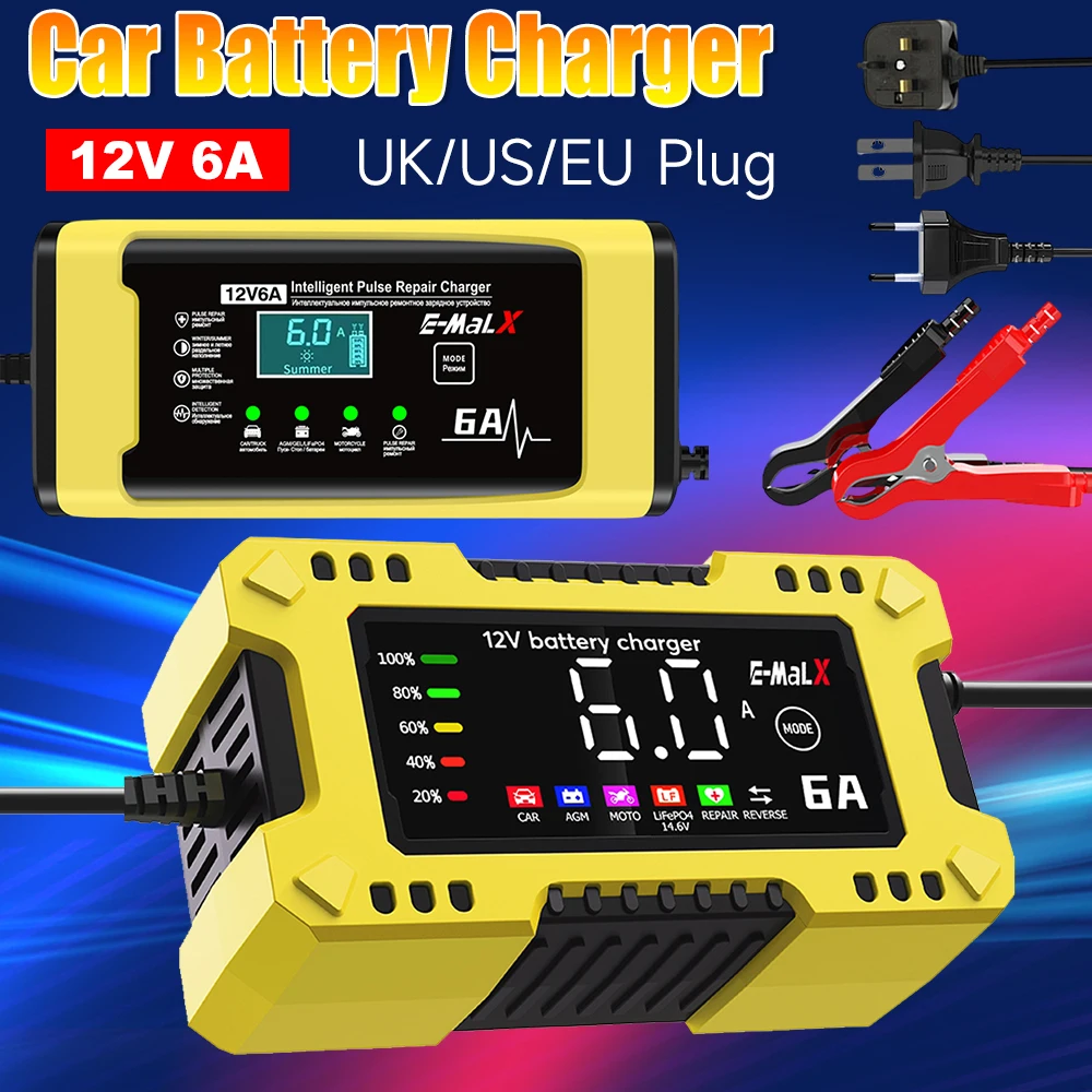 

Автомобильное зарядное устройство 12 В, 6 А, 110-240 В, импульсное зарядное устройство для ремонта влажной и сухой свинцово-кислотной батареи, светодиодный дисплей, зарядное устройство для мотогрузовика