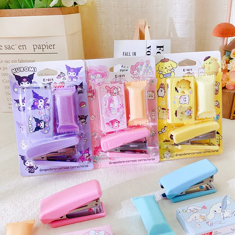 24pcs Sanrio Cartoon Kulomi Mini Stapler Combination Student With Small Size Binder Highlighter Set Kids Stationery Wholesale