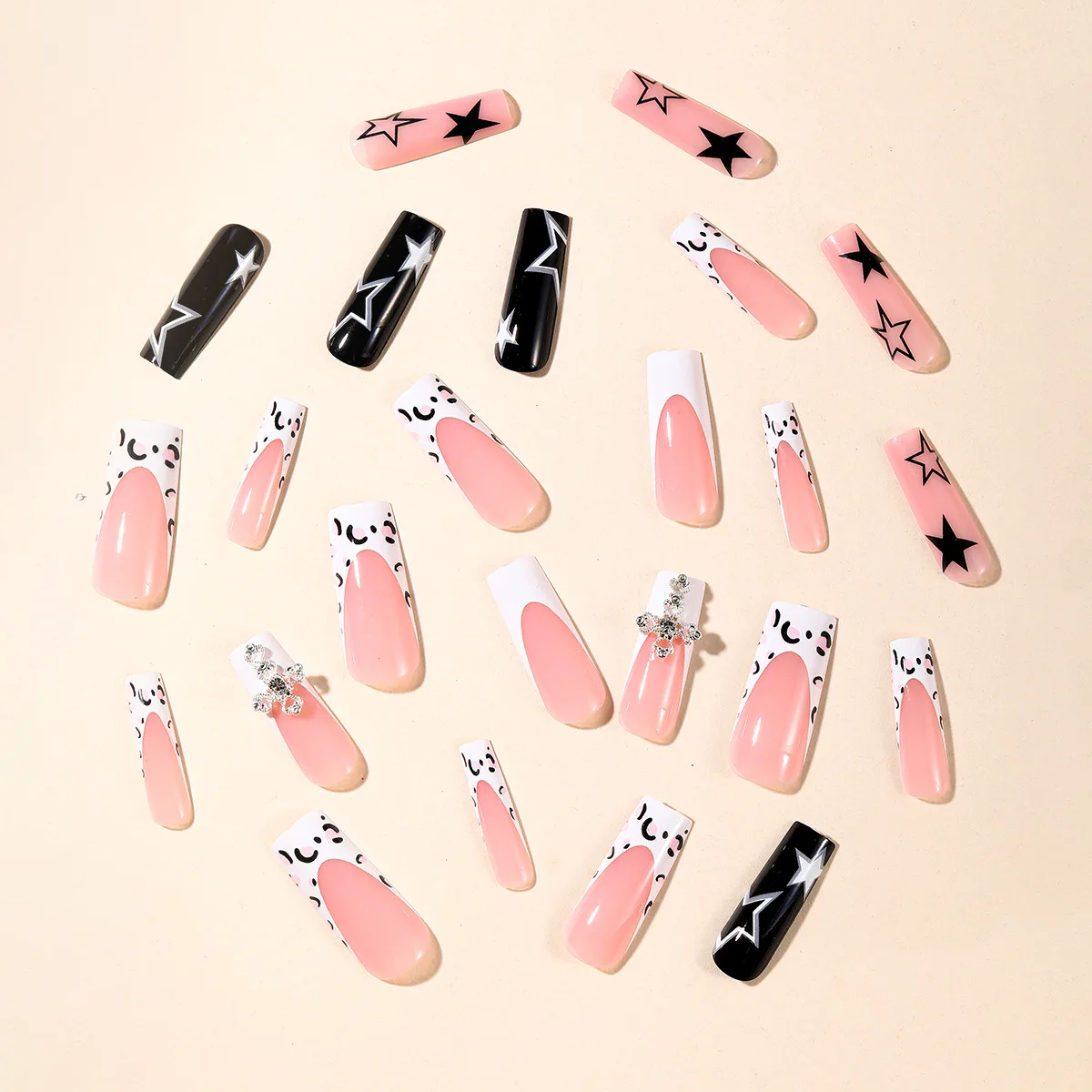 24PCS Long Coffin Star Diamond False Nails Press On Acyrlic Nails Leopard Print French Y2K Fake Nails with Designs Ballet Nail