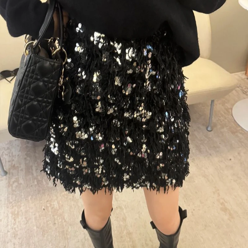 Temperament Sequined Furry A-line Short Skirts