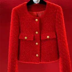 High-end Red Short Coat Women French Woolen Jacket Autumn Winter Fashion O-neck Metal Button Outerwears Christmas Women Jacket