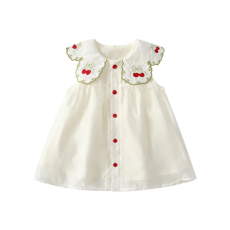 

Summer Baby Girls Sleeveless Cherry Mesh Princess Front Open Button Sweet Baby Girl Vest Skirt Dress 1-3 Years Casual Dresses