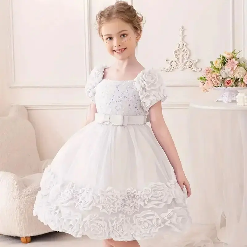 

Rose Sequins Toddler Girls Puff Sleeve Princess Dress For Kids Baptism Bridesmaids Wedding Birthday Banquet First Communion 2-8Y