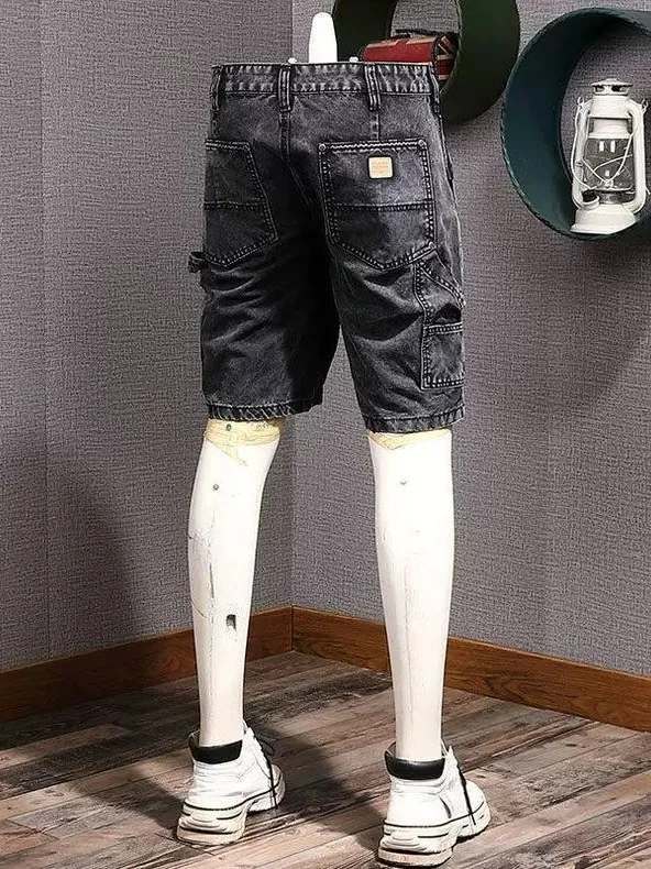 American Style Heavyweight Workwear Black Grey Denim Shorts Men Summer New Splicing Trend Loose Straight Five-Point Pants